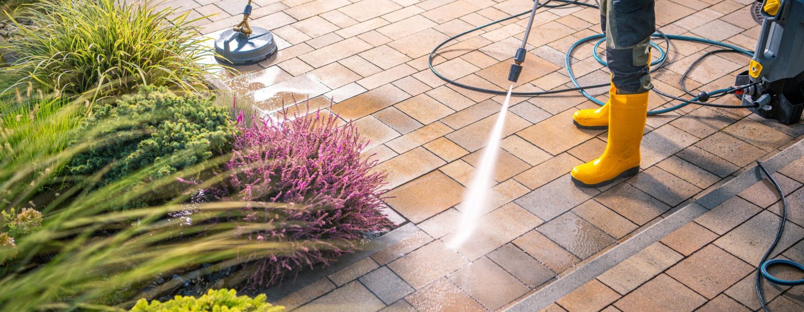 A person in yellow boots washes a patio using a pressure washer, creating a spray of water over the stone pavers. Surrounding the area are lush green plants and colorful shrubs, indicating a well-maintained residential garden. The sun shines brightly, enhancing the vibrant colors of the plants.